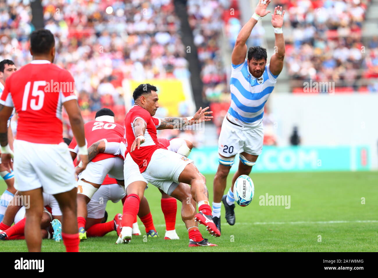 Argentina's Javier Ortega Desio poses for a selfie with fans after their  54-9 win in the Rugby World Cup Pool C match between Argentina and Georgia  at Kingsholm, Gloucester, England, Friday, Sept.