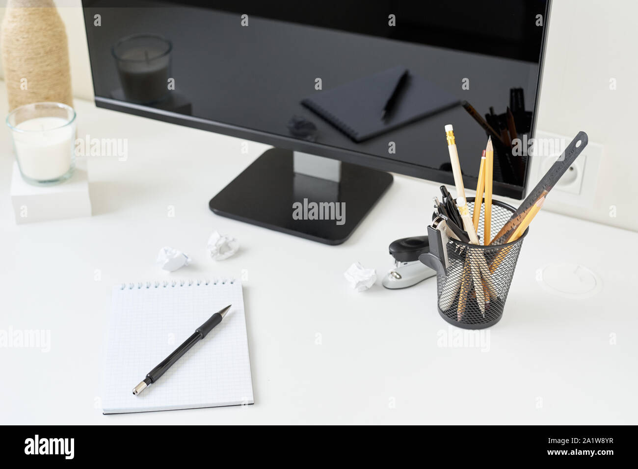 Desktop view office supplies flower hires stock photography and images