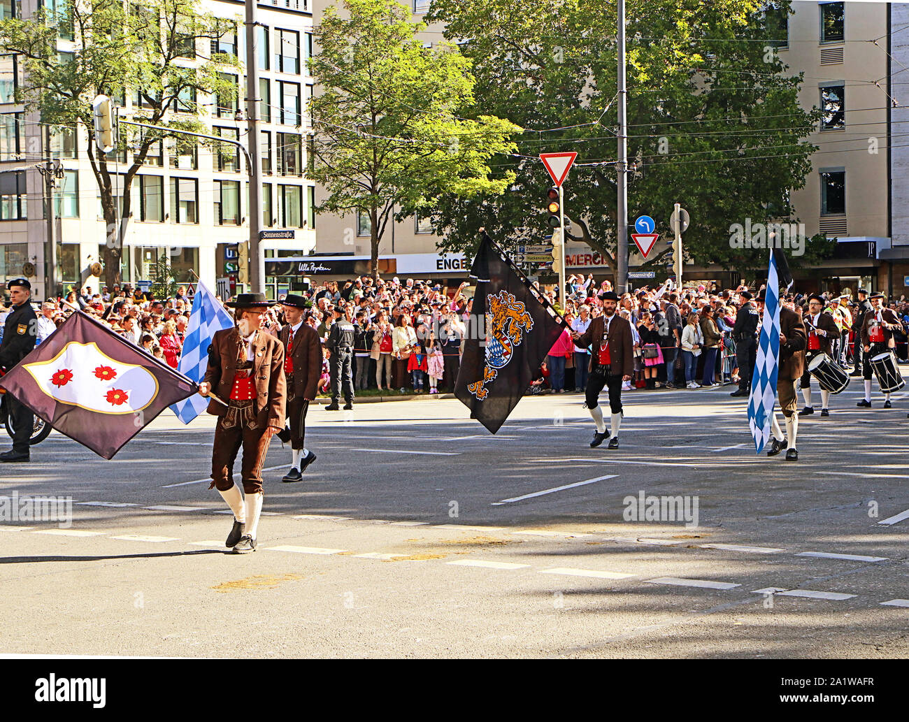 MUNICH, GERMANY - SEPTEMBER 22, 2019 Grand entry of the Oktoberfest landlords and breweries, festive parade of magnificent decorated carriages and ban Stock Photo