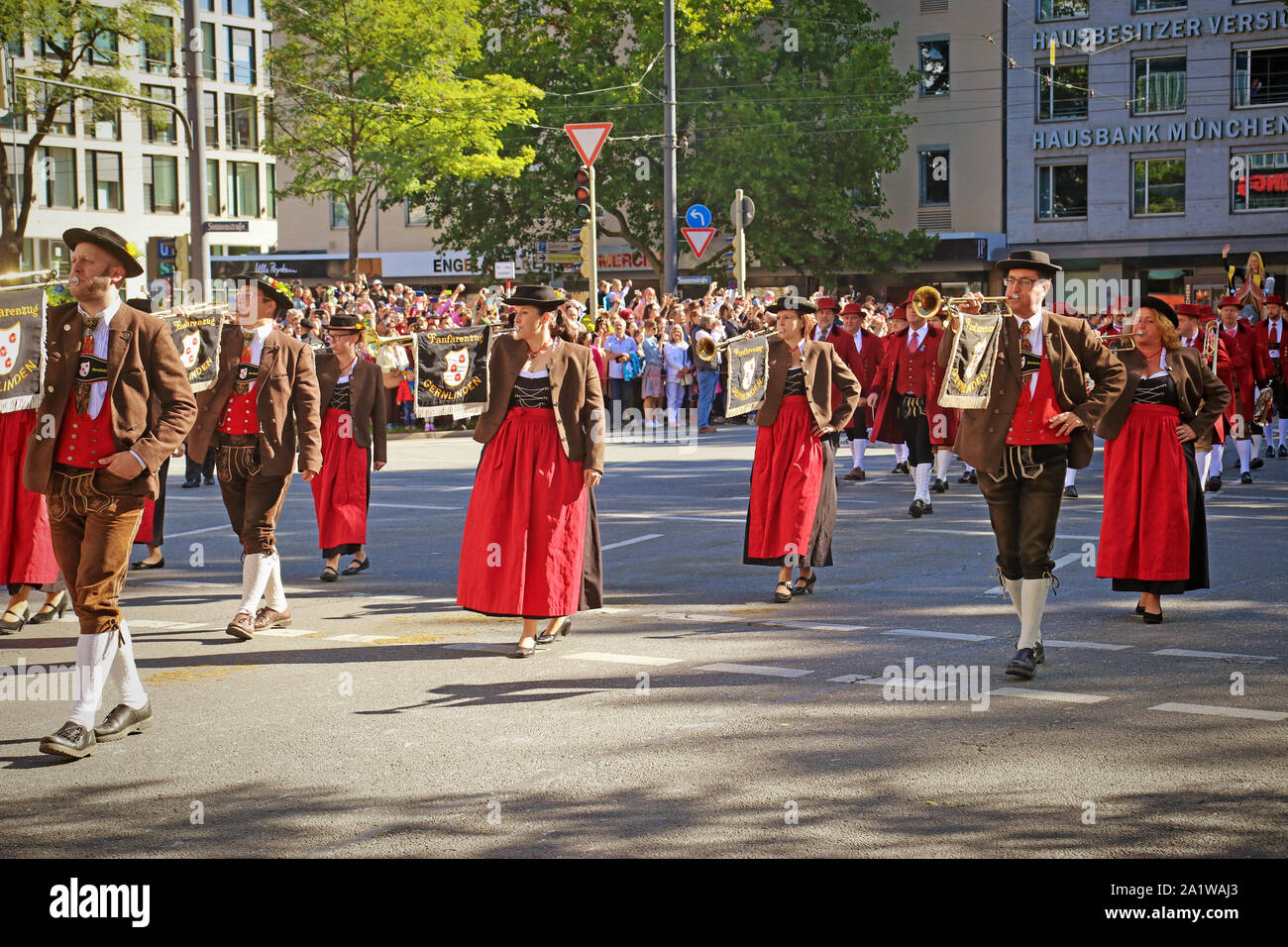 MUNICH, GERMANY - SEPTEMBER 22, 2019 Grand entry of the Oktoberfest landlords and breweries, festive parade of magnificent decorated carriages and ban Stock Photo