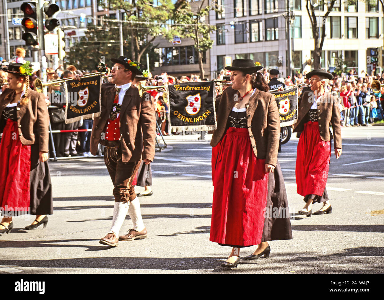 MUNICH, GERMANY - SEPTEMBER 22, 2019 Grand entry of the Oktoberfest landlords and breweries, festive parade of magnificent decorated carriages and ban Stock Photo