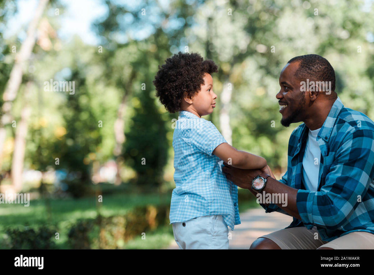 side view of cheerful african american father holding hands with son ...