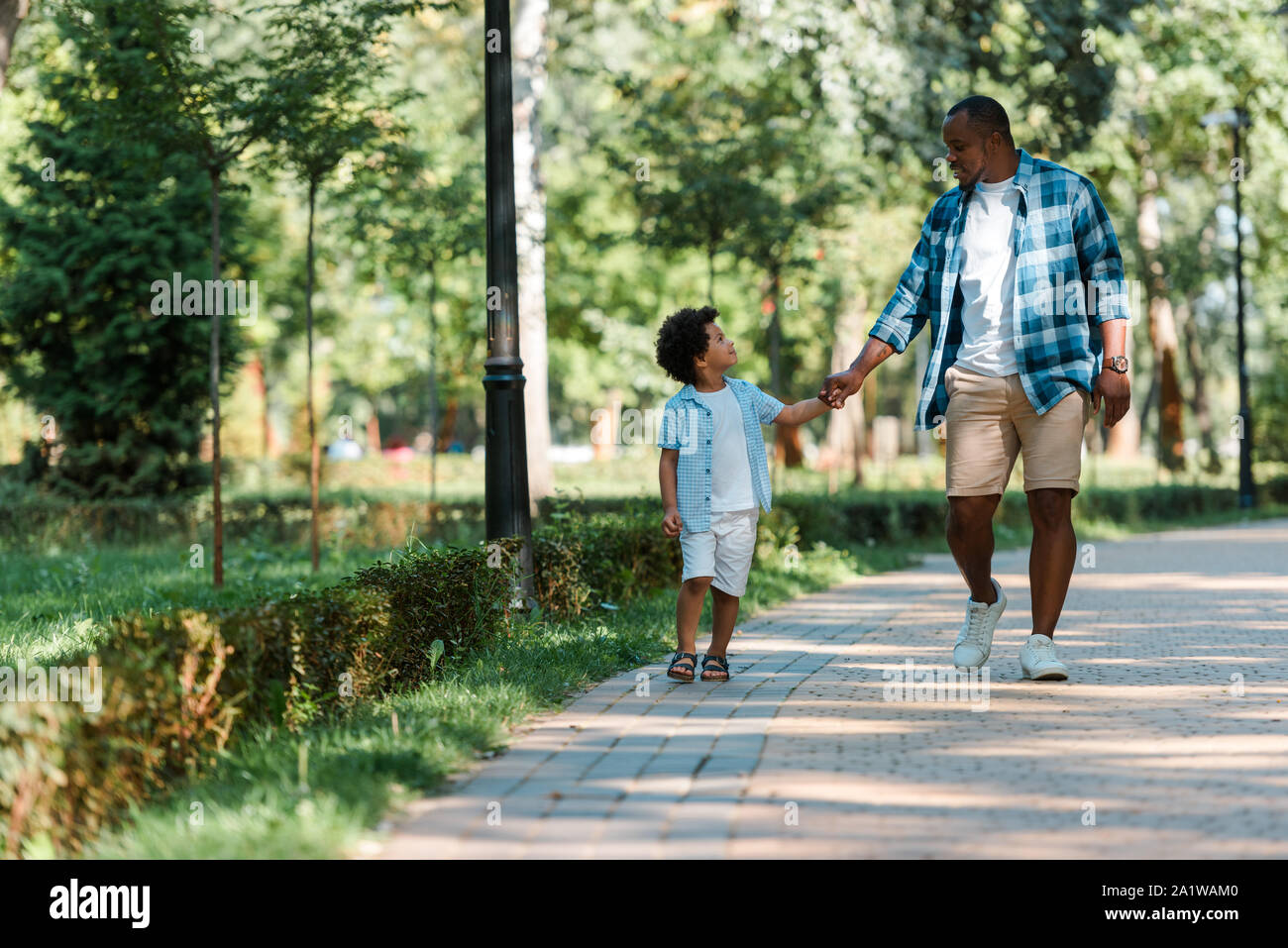 happy african american kid holding hands with handsome father while ...