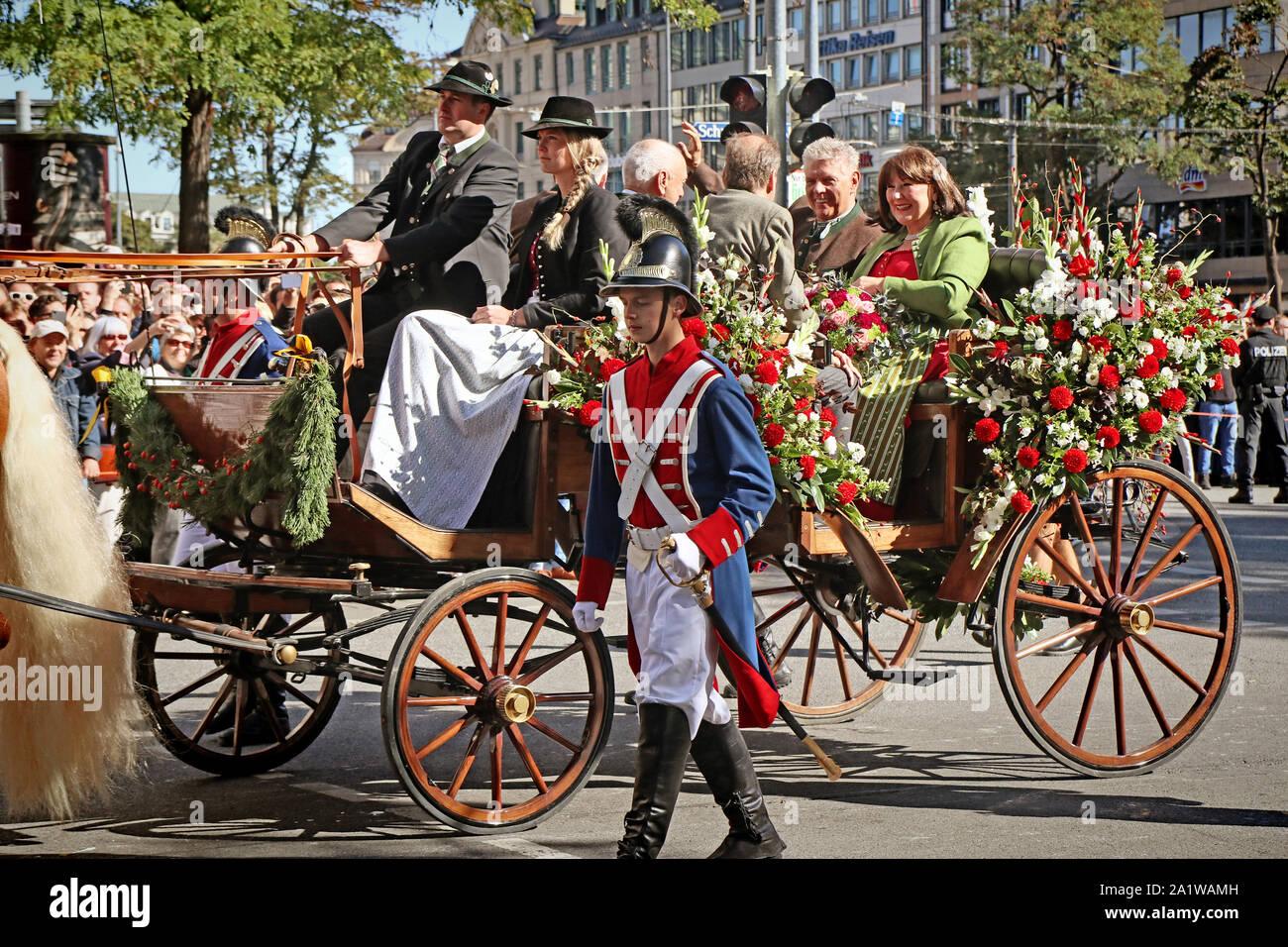 MUNICH, GERMANY - SEPTEMBER 22, 2019 Grand entry of the Oktoberfest landlords and breweries, festive parade of magnificent decorated carriages and ban Stock Photo