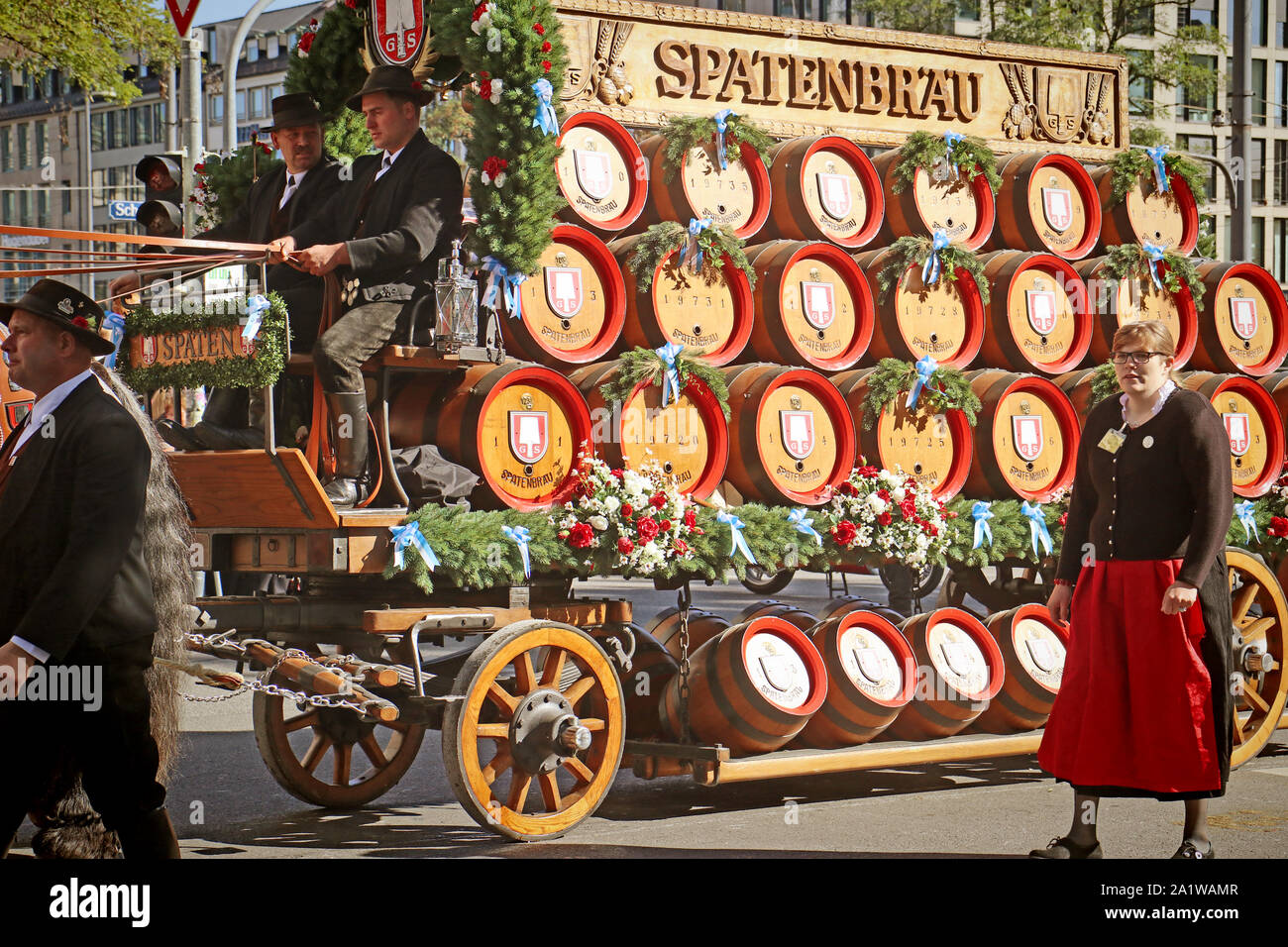 MUNICH, GERMANY - SEPTEMBER 22, 2019 Grand entry of the Oktoberfest landlords and breweries, festive parade of magnificent decorated carriages and ban Stock Photo
