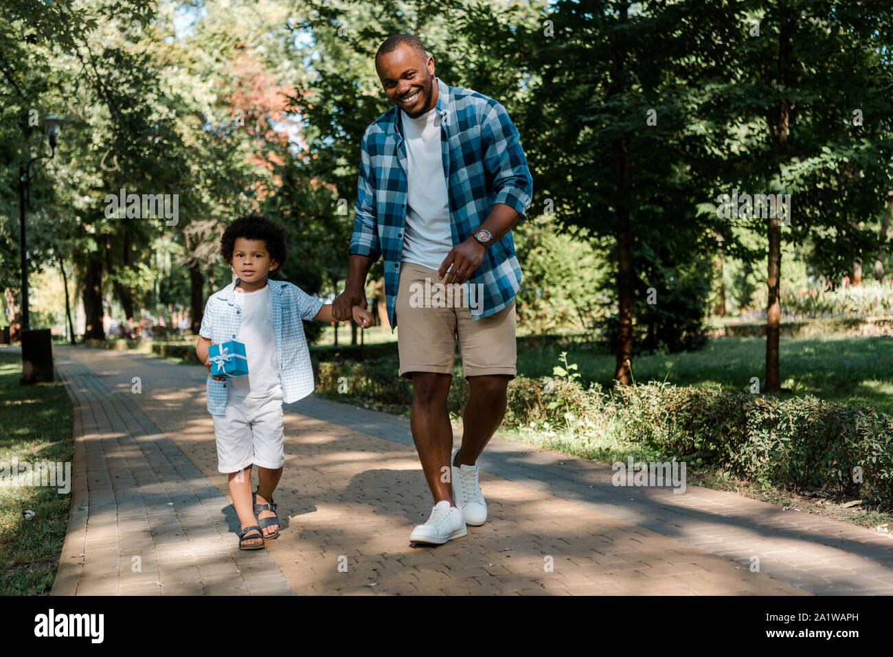 happy african american father holding hands with son while walking on ...