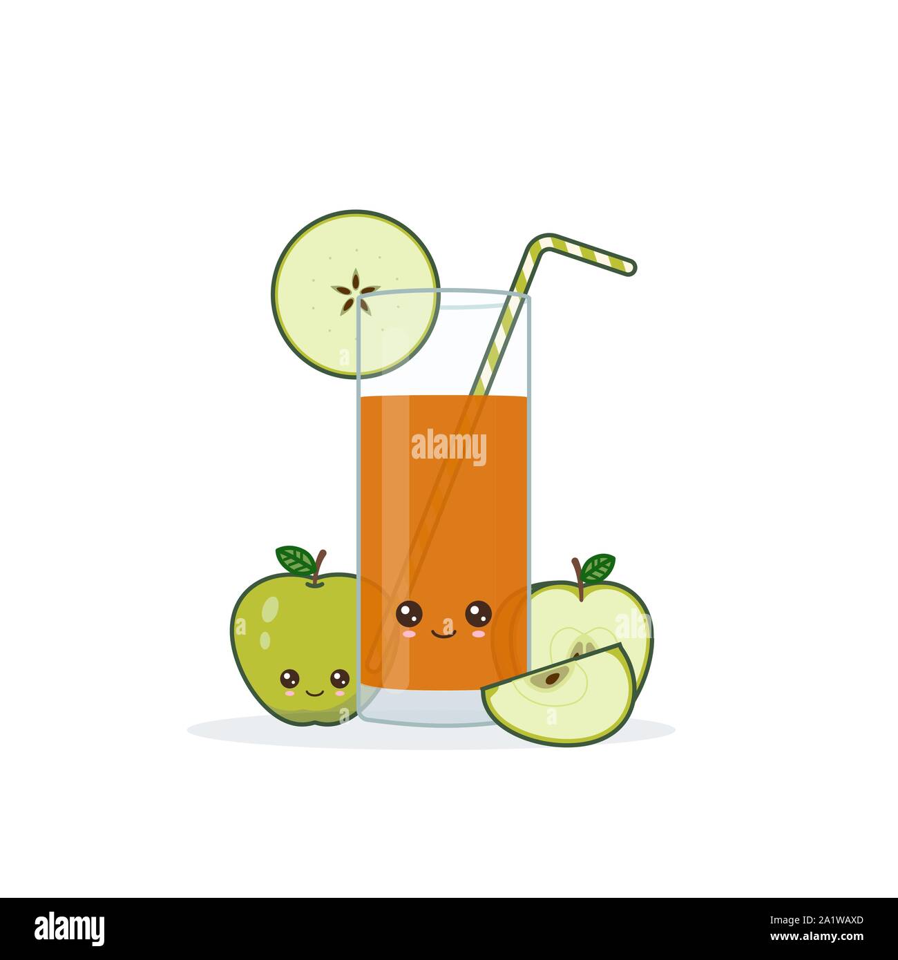 apple juice. Cute kawai smiling cartoon juice with slices in a glass