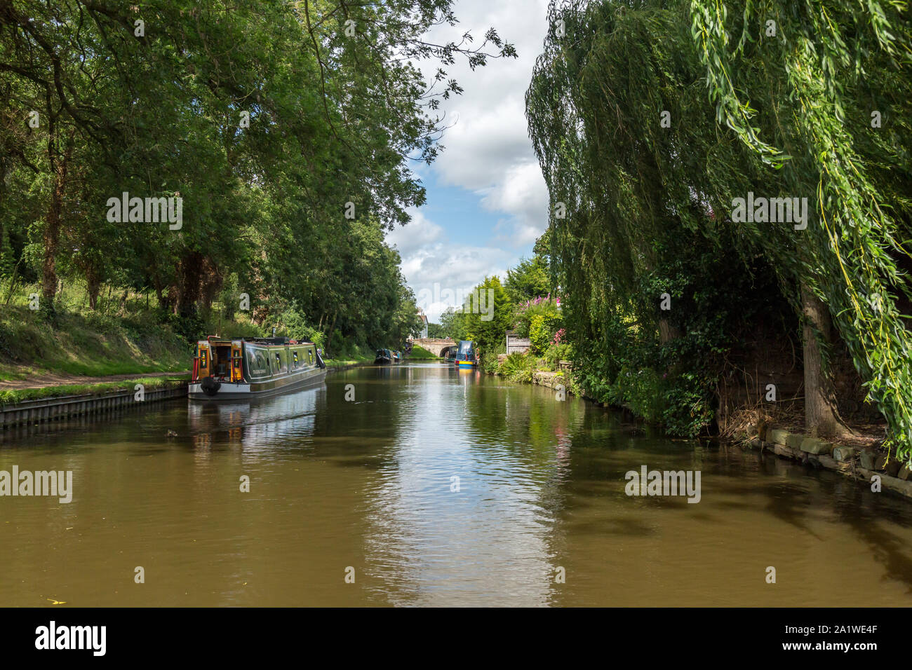 Narrow Boats, or Barges, on The Shropshire Union Canal in England. Stock Photo