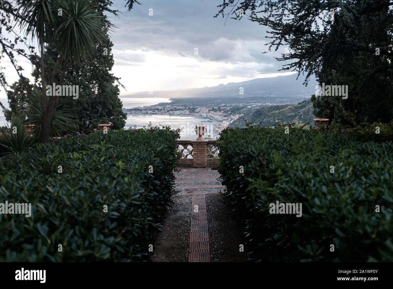 View of Taromina, Sicily, from a terrace during sunset Stock Photo