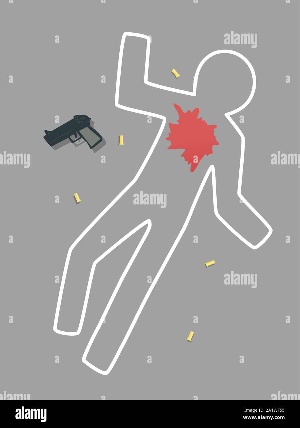 Illustration Of A Chalk Line On The Floor With Gun And Bullets And Blood As Crime Scene Stock Photo Alamy