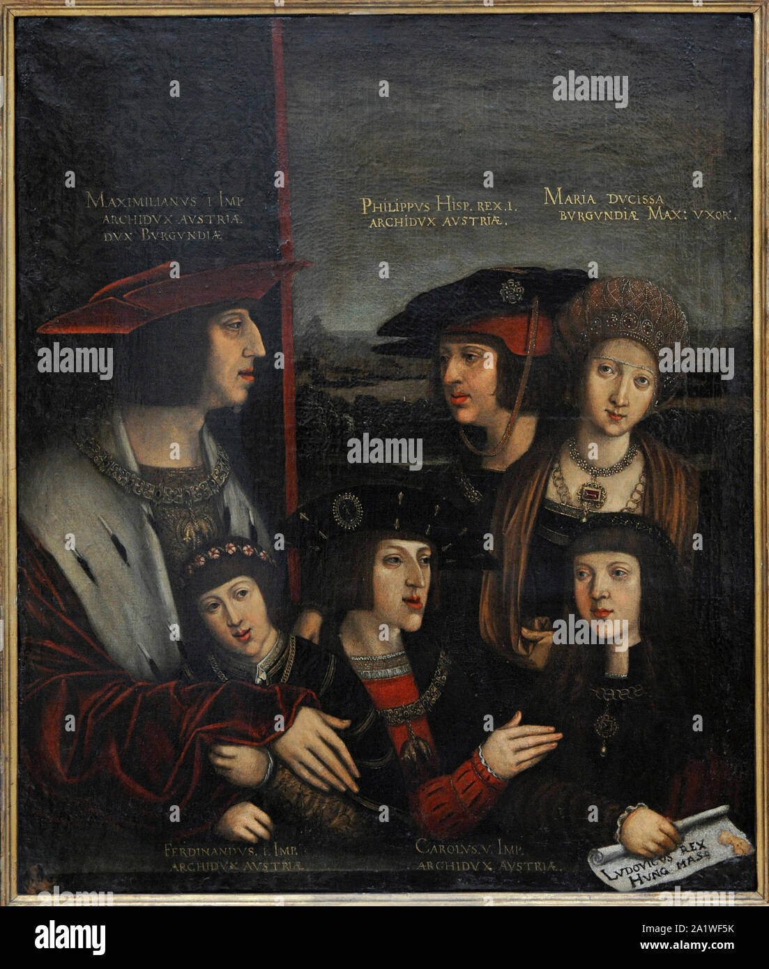 Bernhard Strigel (1461-1528). German painter. Emperor Maximilian I with his family, 1516-1520 (Maximilian I with his wife Mary of Burgundy, his son Philip the Fair, his grandsons Ferdinand I and Charles V, and Louis of Hungary). San Fernando Royal Academy of Fine Arts. Madrid. Spain. Stock Photo