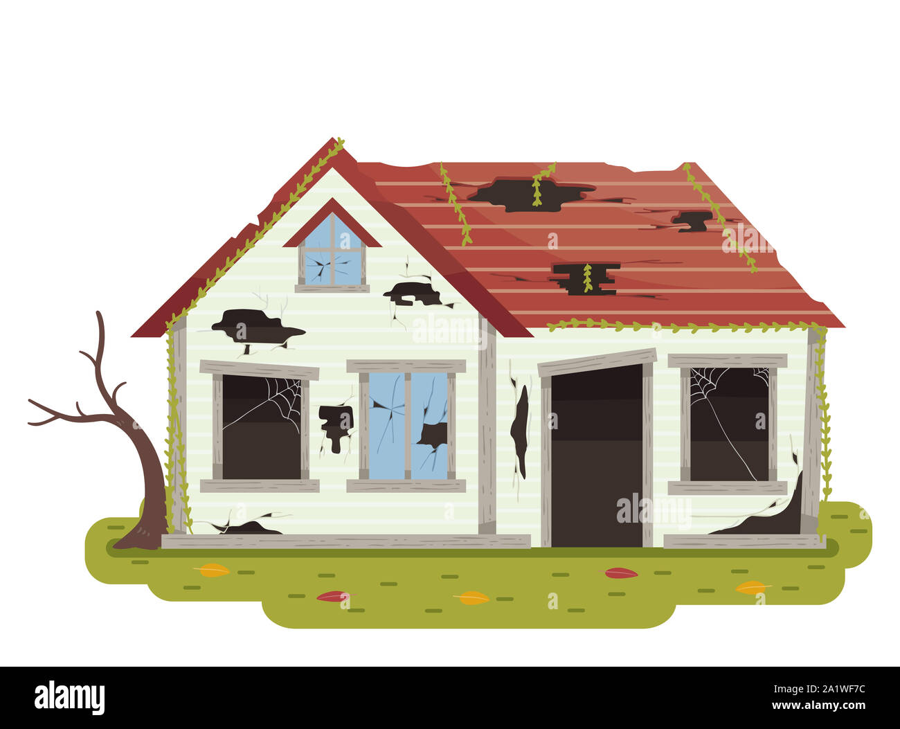 Illustration of an Abandoned House with Broken Door and Windows, Glasses, Roof and Dead Tree Stock Photo