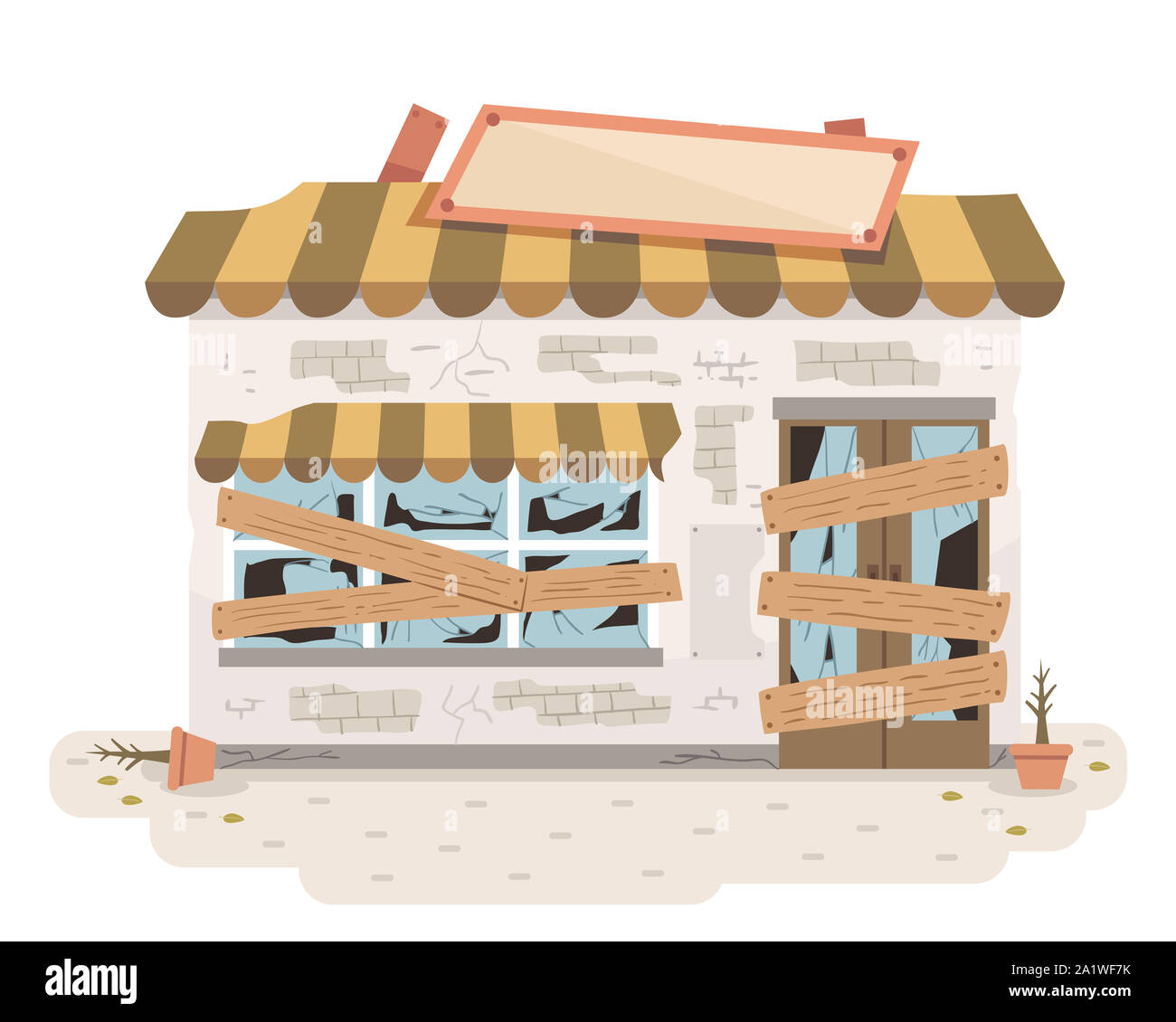 Illustration of an Old and Abandoned Store with Broken Signage, Glasses and Wooden Planks Stock Photo
