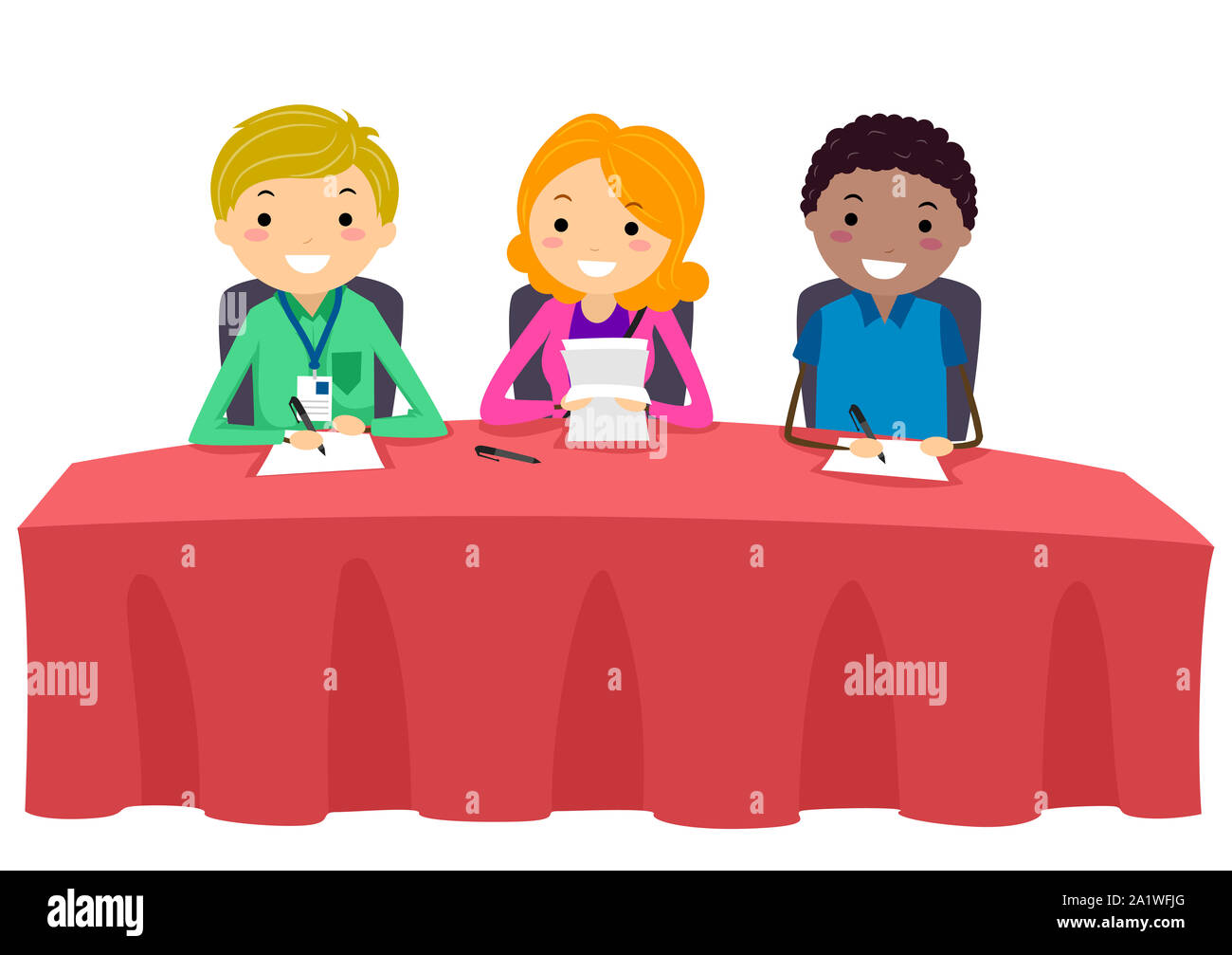 Illustration of Parents and Teachers School Committee Representatives Sitting Down In a Long Table as Judges Stock Photo