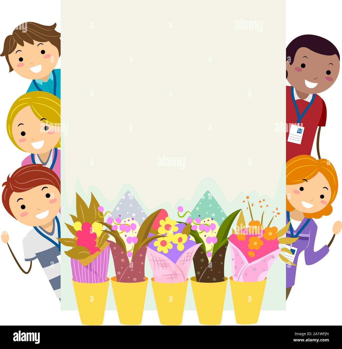 Illustration of Stickman Parents and Teachers Behind a Blank Board with Flowers for Spring Sale and Fundraising Stock Photo