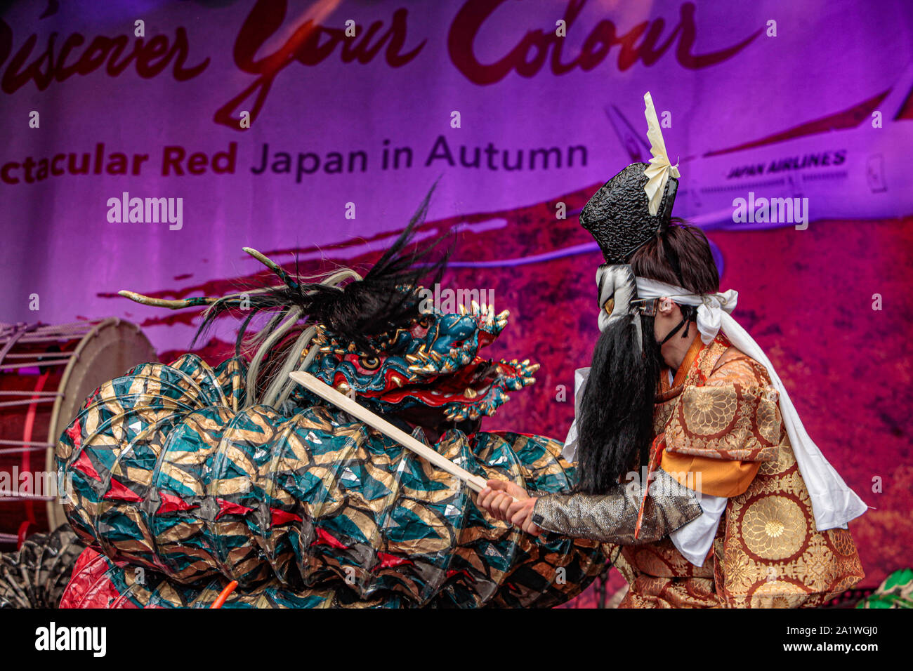 London UK  29 September 2019 London’s very own festival of Japanese culture, Iwami Kagura  by Otis Kagura Troupe  all the way from Japan to perform the story of a father fighting the evil snakes to protect the life of his daughter ,Princess Mitsuri , in the main stage in Trafalgar Square.Paul Quezada-Neiman/Alamy Live News Stock Photo