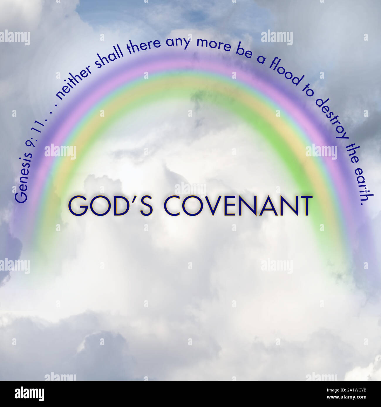 Background with God's Covenant, rainbow with Bible Verse over top of bow.  Genesis 9: 11 Stock Photo