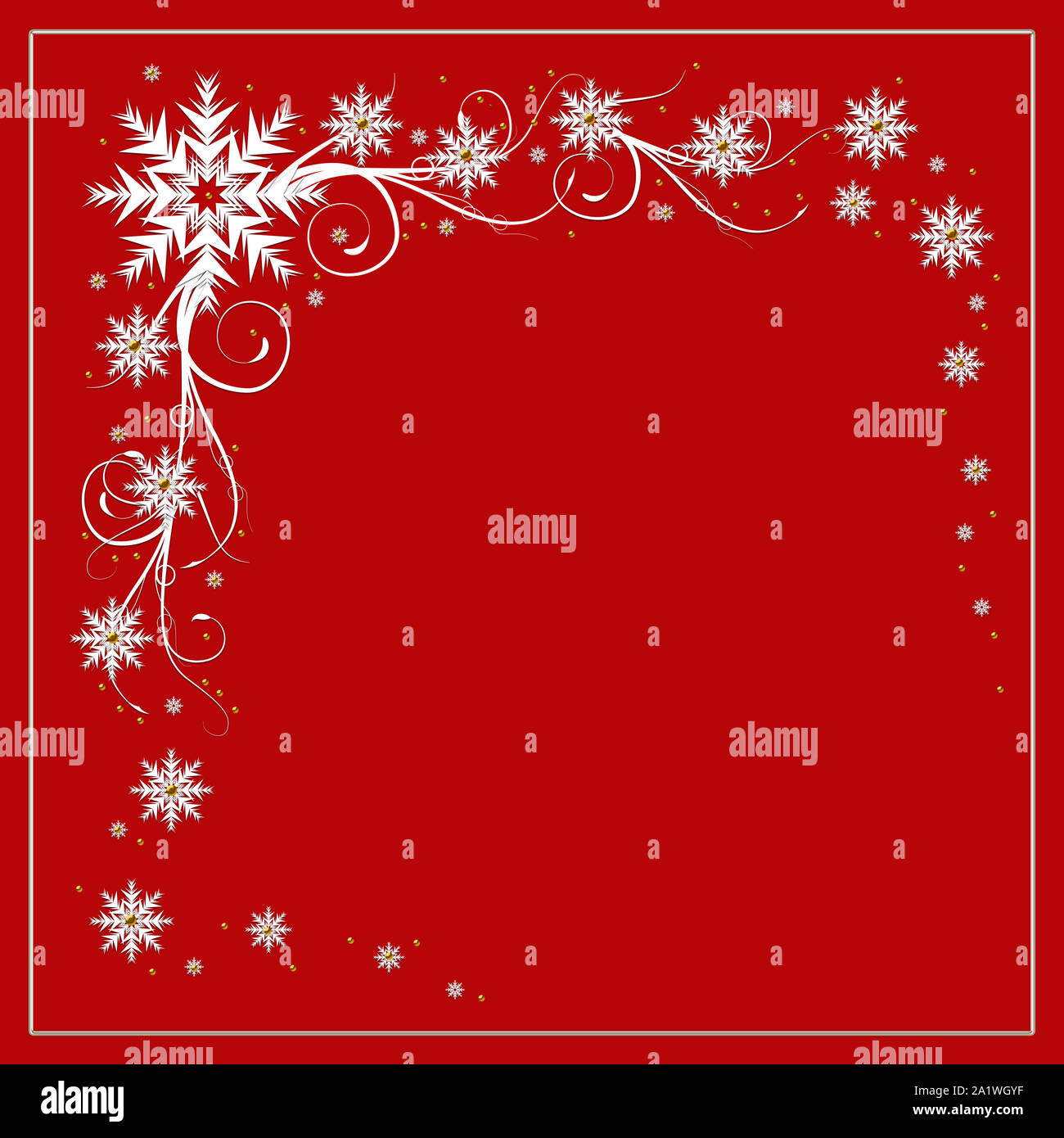 Red square background with decorative white snowflakes and area in center ready for text. Stock Photo