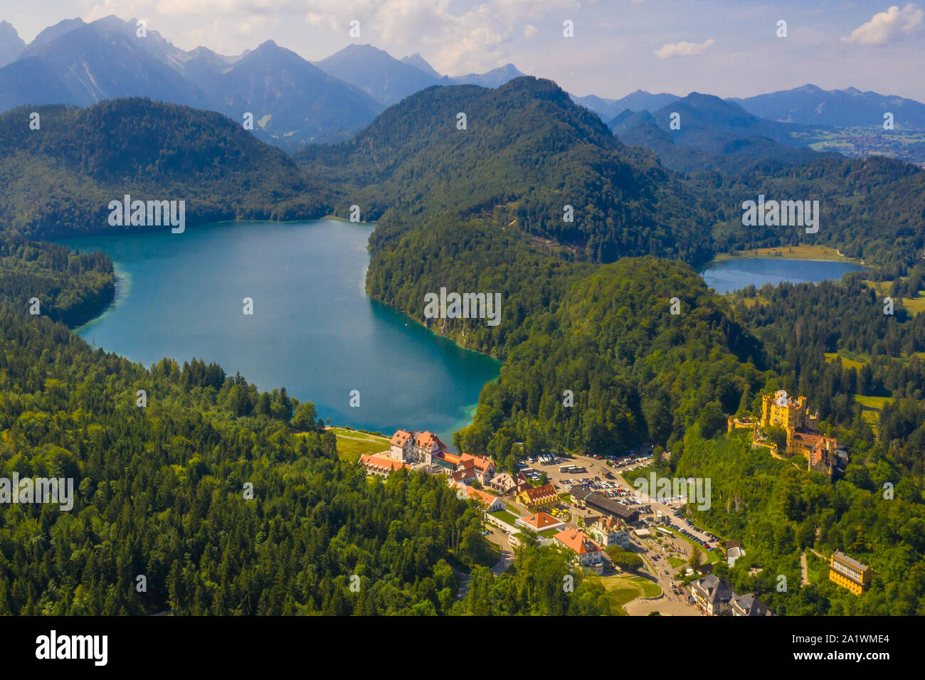 Aerial view on Alpsee lake and Hohenschwangau Castle, Bavaria, Germany. Concept of traveling and hiking in German Alps. Stock Photo