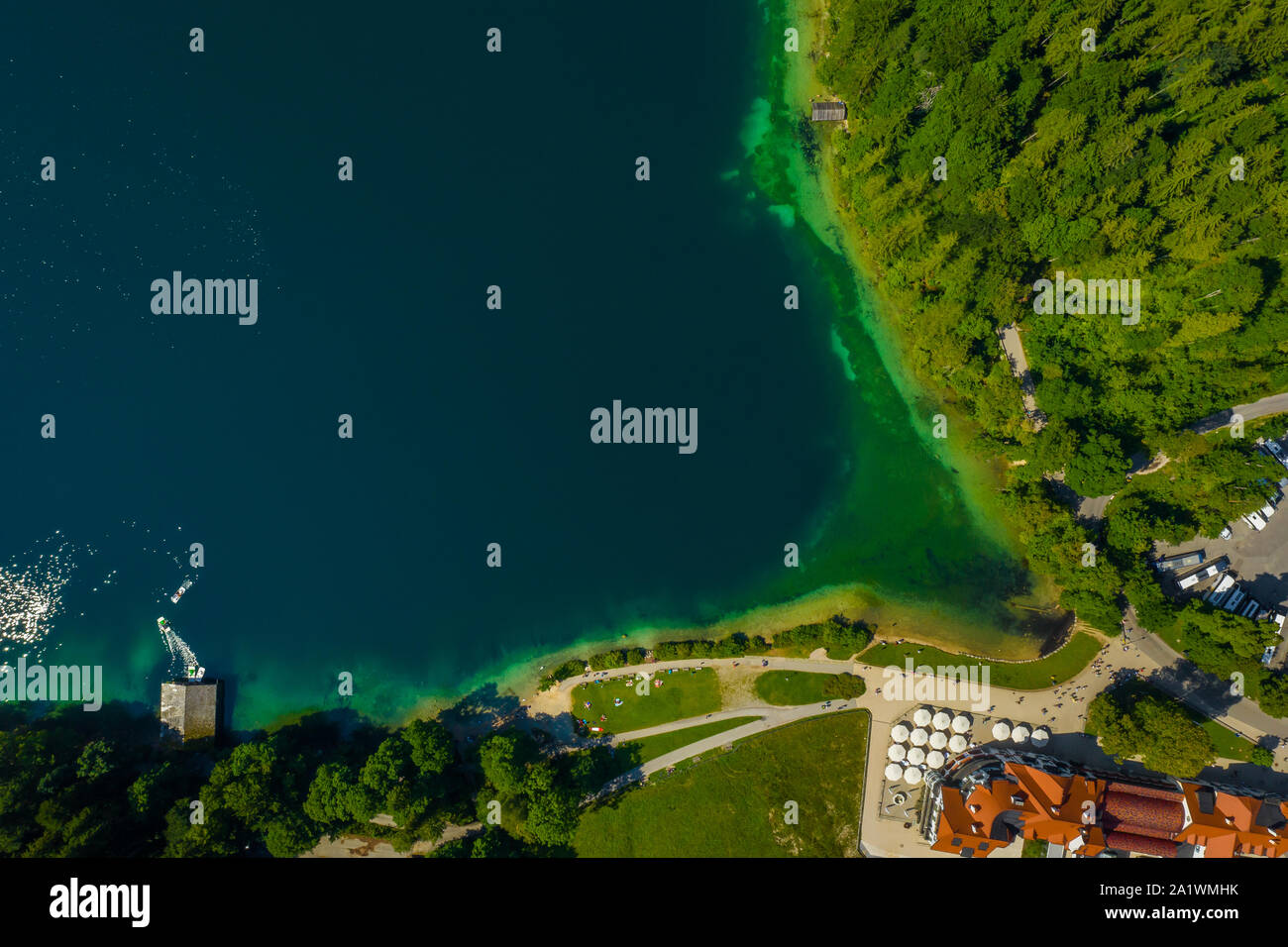 Aerial view on Alpsee lake, Bavaria, Germany. Concept of traveling and hiking in German Alps. Stock Photo