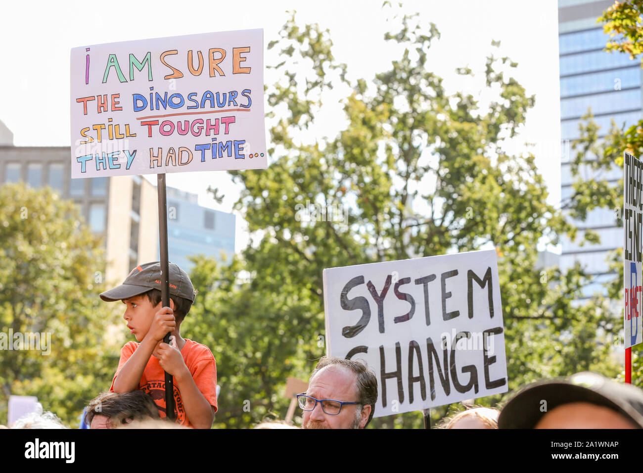 TORONTO, ONTARIO, CANADA - SEPTEMBER 27, 2019:  'Fridays for Future' climate change protest. Thousands of people march with signs at Global Climate St Stock Photo