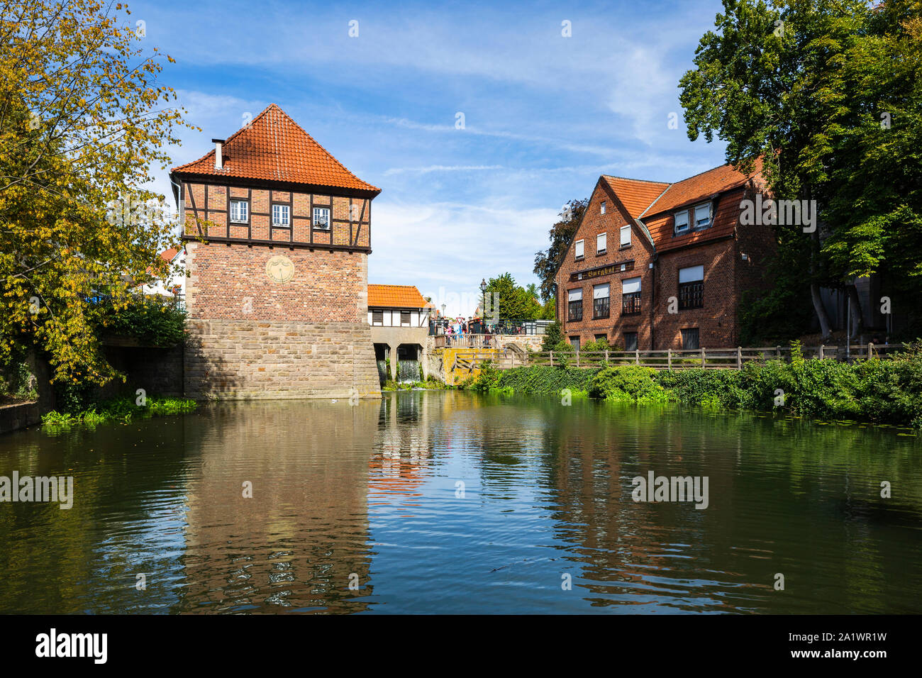 D-Luedinghausen, Stever, Muensterland, Westphalia, North Rhine-Westphalia, NRW, Borgmuehle, Borg Mill at the Stever, Muehlenstever, water mill, pond Stock Photo