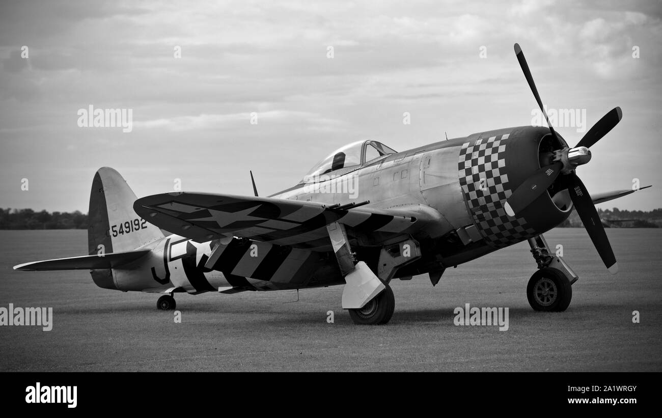 Republic P-47D Thunderbolt (G-THUN) on the flightline at the Duxford Battle of Britain airshow on the 22 September 2019 Stock Photo