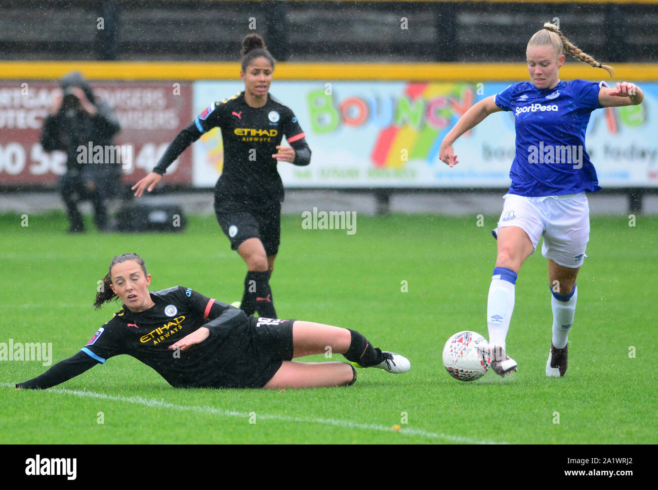 Everton's Kika Van Es and Manchester City's Caroline Weir battle for the ball during the FA Women's Super League match at the Merseyrail Community Stadium, Southport. Stock Photo