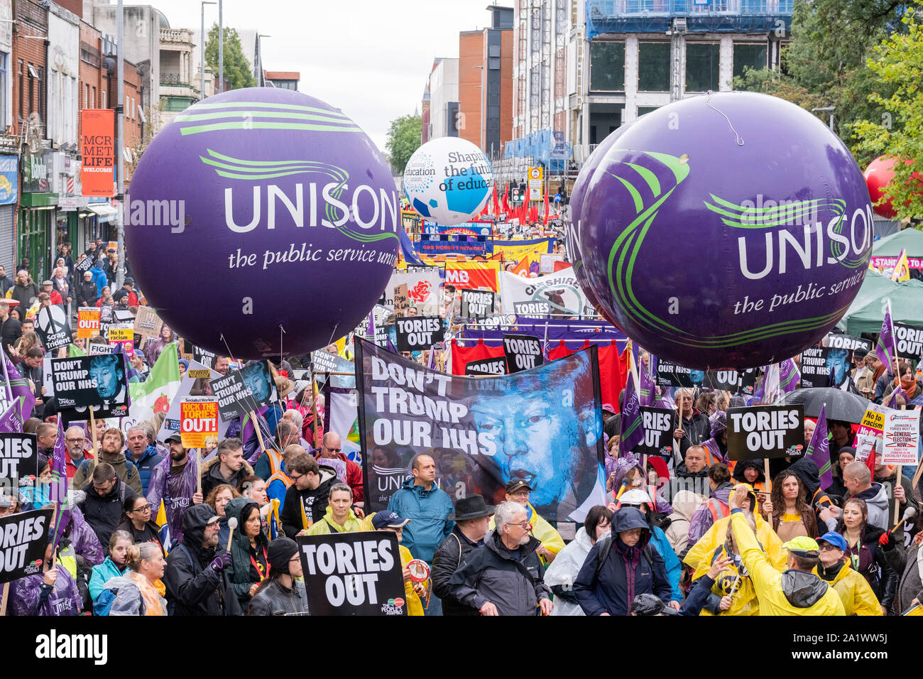 Manchester, UK. 29th September, 2019. Thousands of people filled the streets of Manchester city centre, in the north west of England, to protest against the Conservative Party Conference which is being held in the city at the Manchester Central Convention Complex. Credit: Christopher Middleton/Alamy Live News Stock Photo