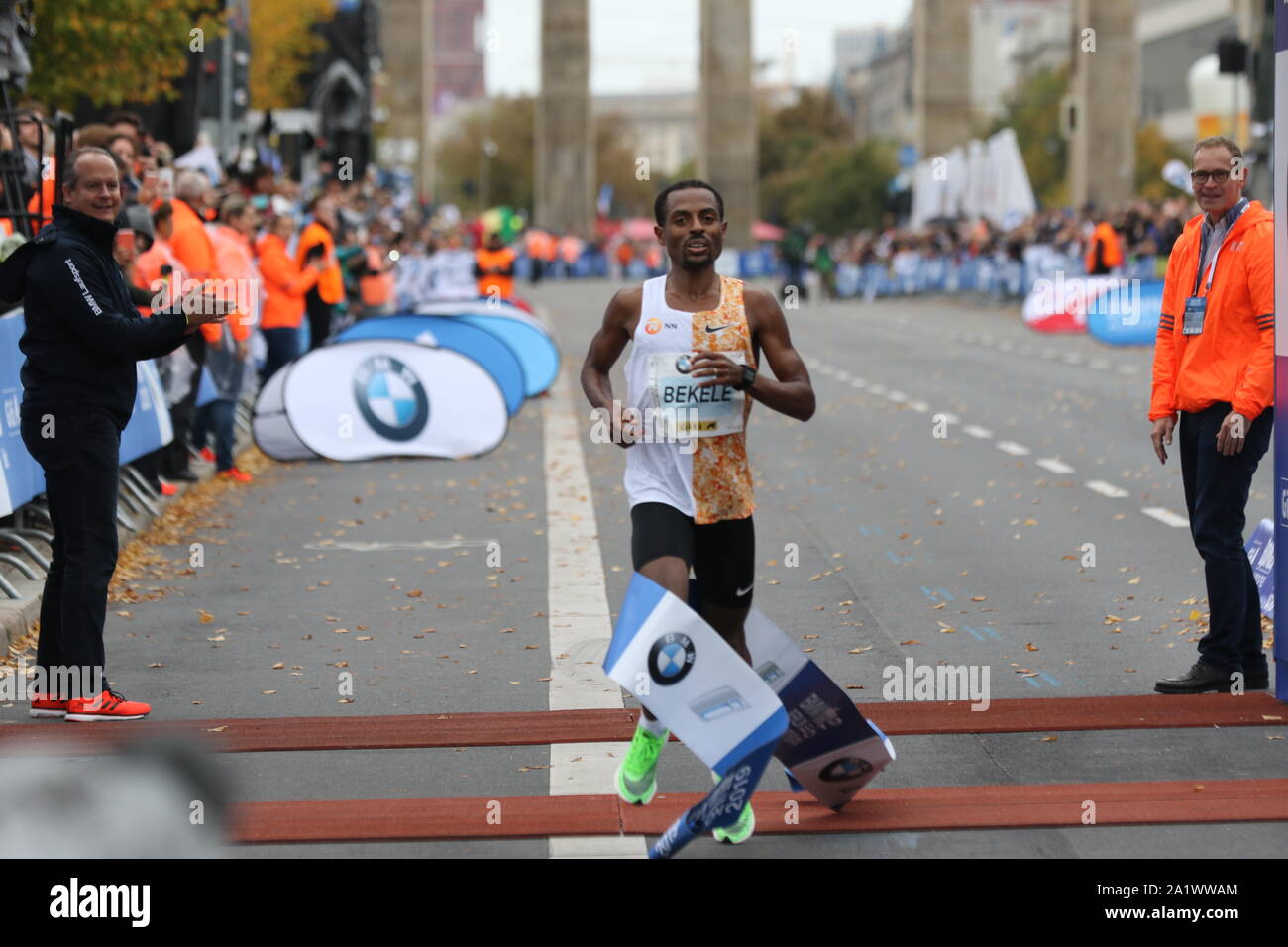 09/19/2019, Berlin, Germany, Kenenisa Bekele at the finish Kenenisa Bekele from Ethiopia wins the 46th Berlin Marathon in 02:01:41 hours. Birhanu Legese (2:02:48) wins the second place and Sisay Lemma (2:03:36) comes in third place. Stock Photo