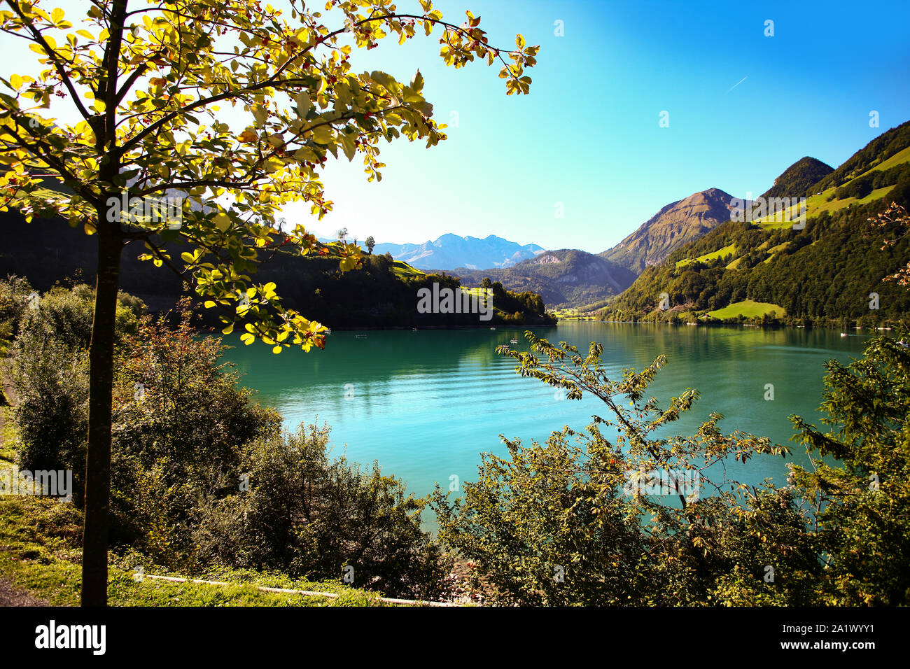 lake lungern Switzerland famous fishing lake in Switzerland Stock