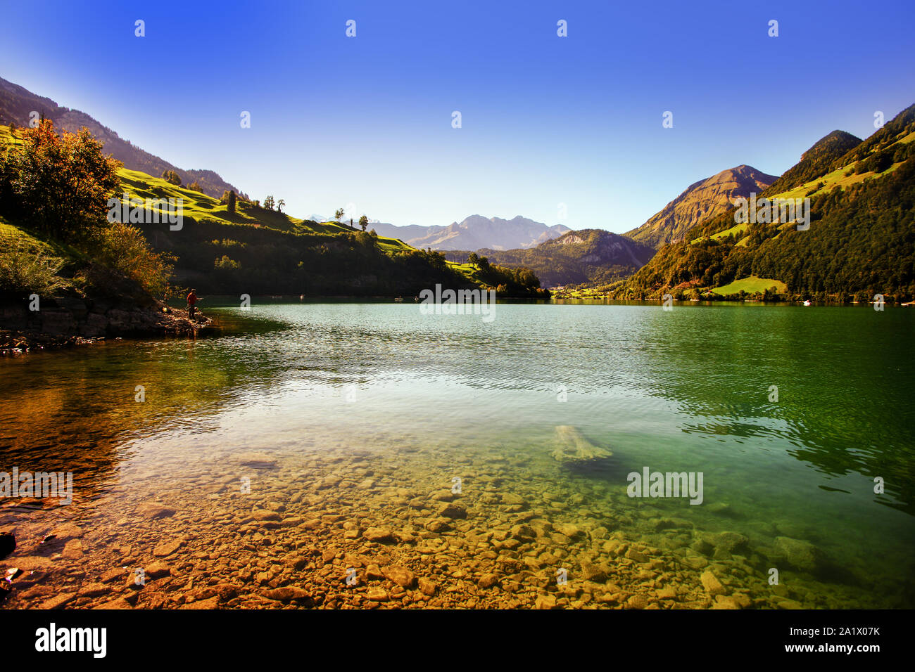 lake lungern Switzerland famous fishing lake in Switzerland Stock