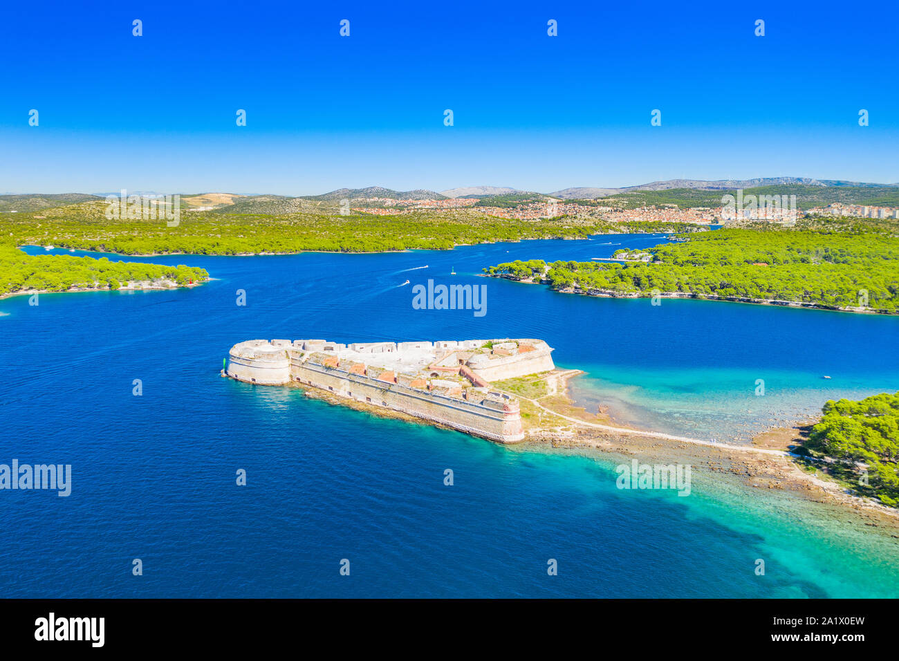Old stone St. Nicholas fortress at Sibenik bay entrance, archipelago od Dalmatia, Croatia, drone aerial shot Stock Photo