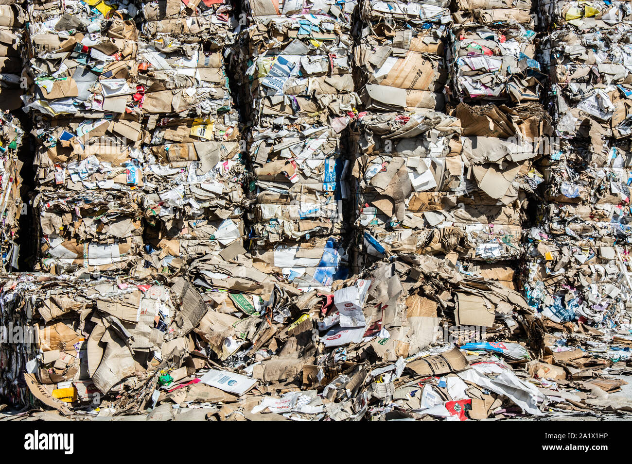 Waste paper is collected and packed for recycling. Cardboard and Paper Recycling Stock Photo