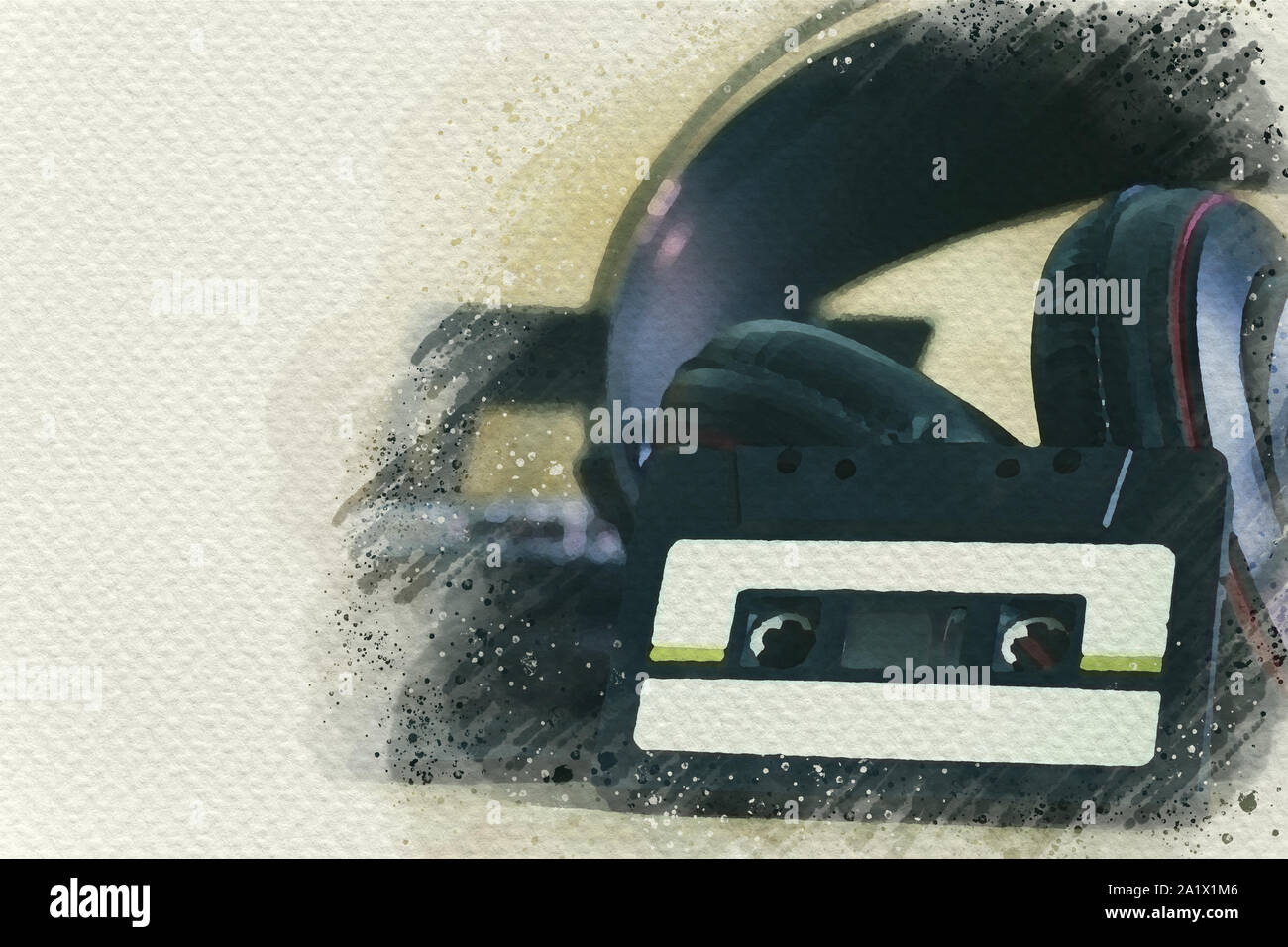 Cassette tape audio player and headphones on wooden table. Digital