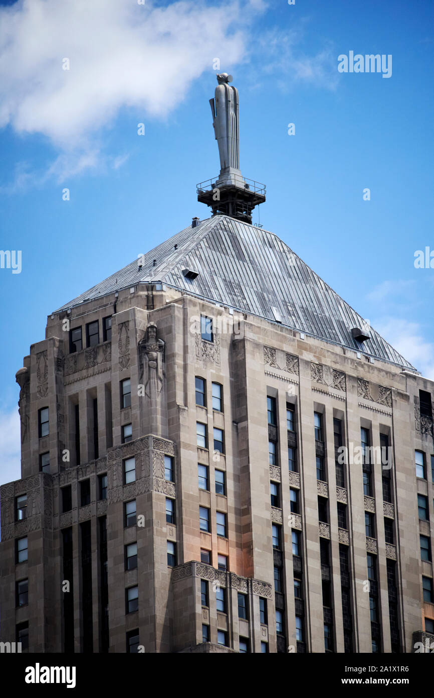 top of the board of trade building tower and rear of ceres statue in