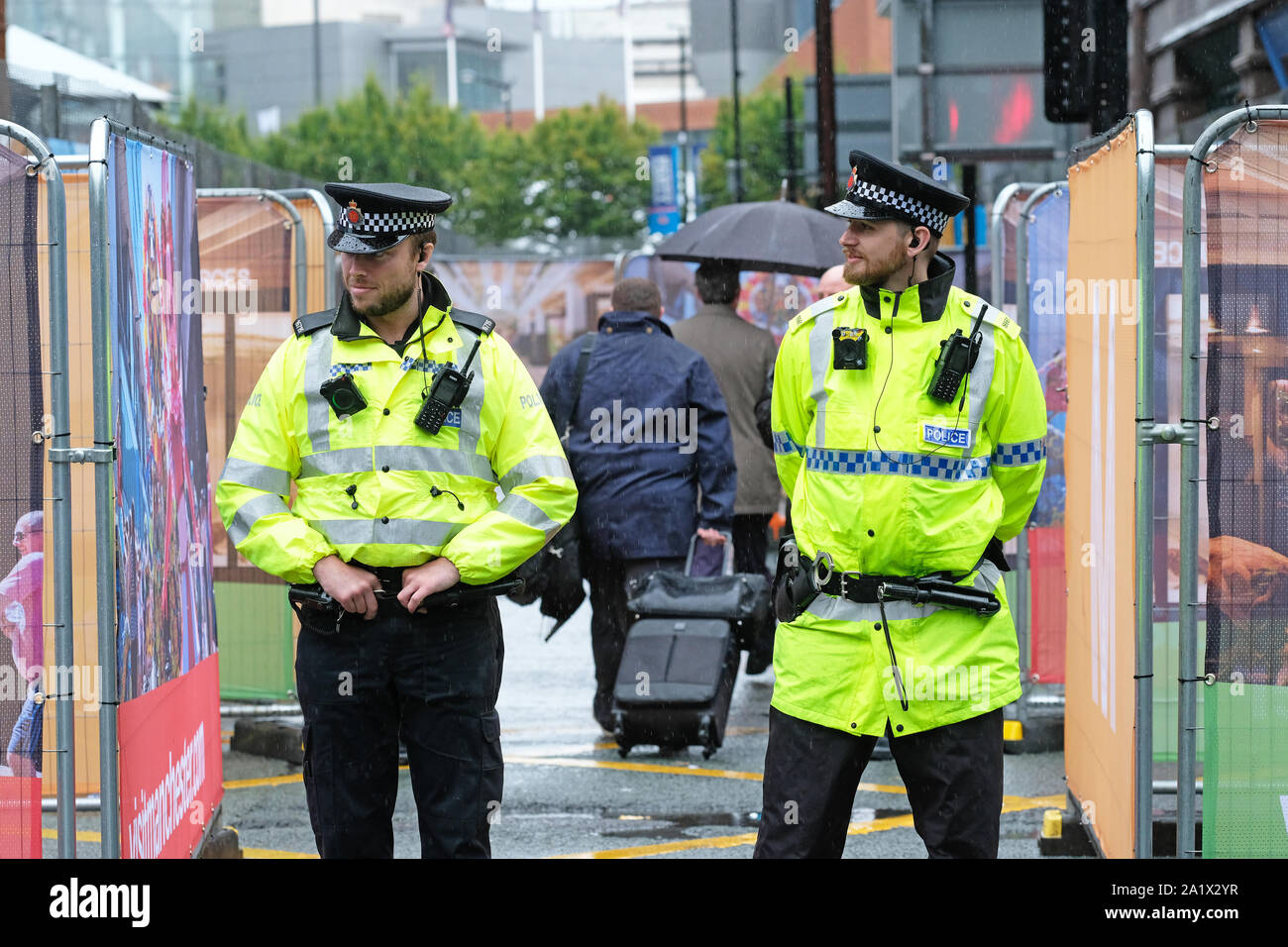 Manchester, UK – Sunday 29th September 2019.  Delegates pass through Police security at the Conservative Party Conference on the opening day of the Tory event.  Photo Steven May / Alamy Live News Stock Photo