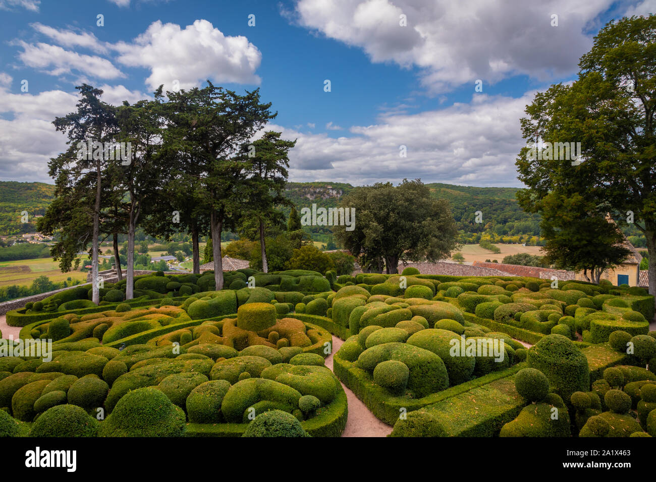The Gardens of Marqueyssac are located in the town of Vézac, in the French area of Dordogne, in the region of Nouvelle-Aquitaine. It is on the list of Stock Photo