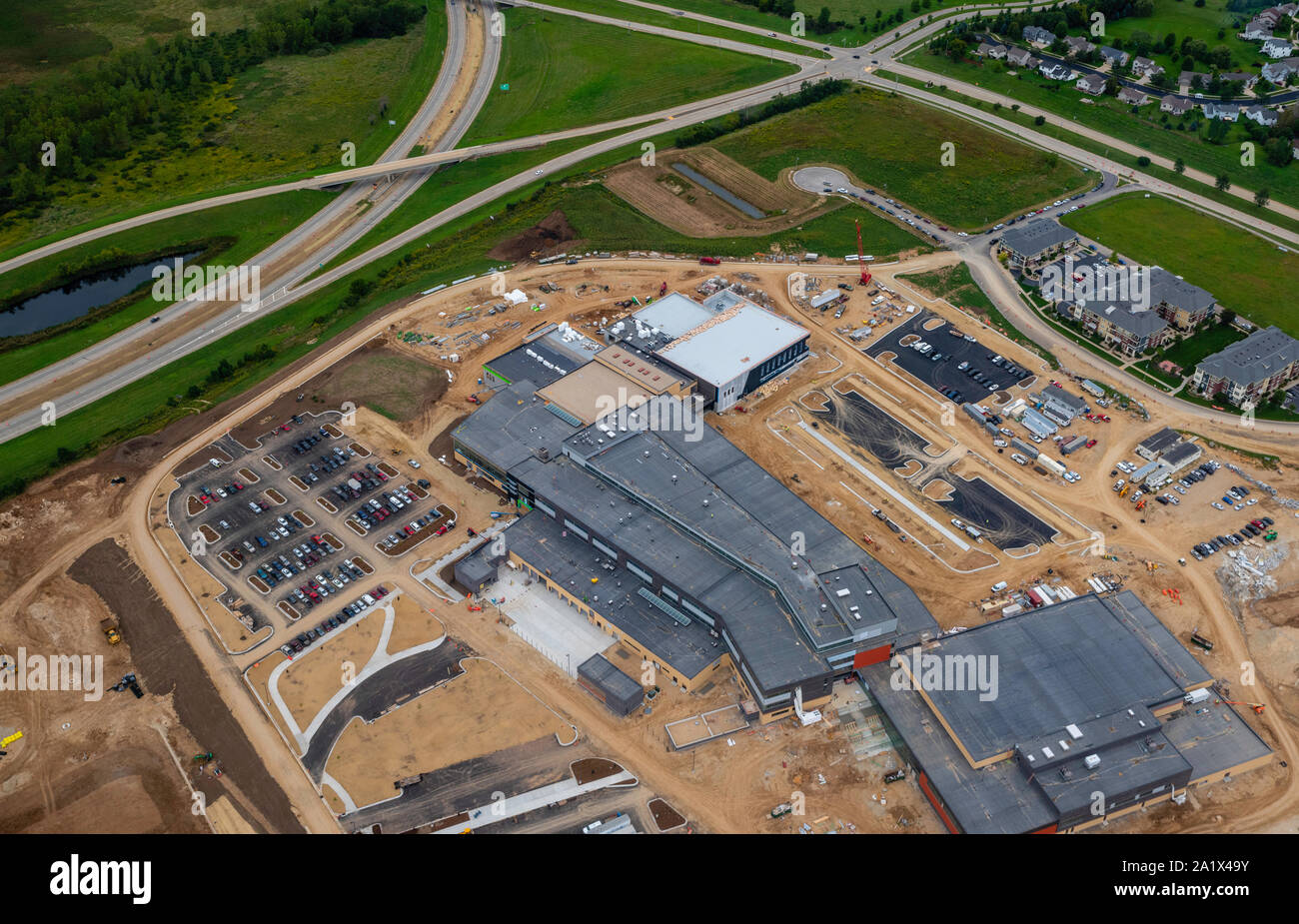 Aerial photograph of the new Verona Area High School, under construction. Opening August, 2020