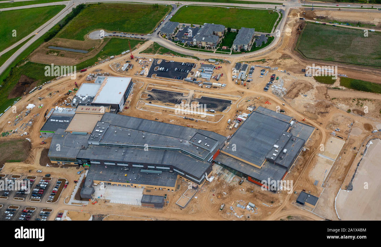 Aerial photograph of the new Verona Area High School, under construction. Opening August, 2020