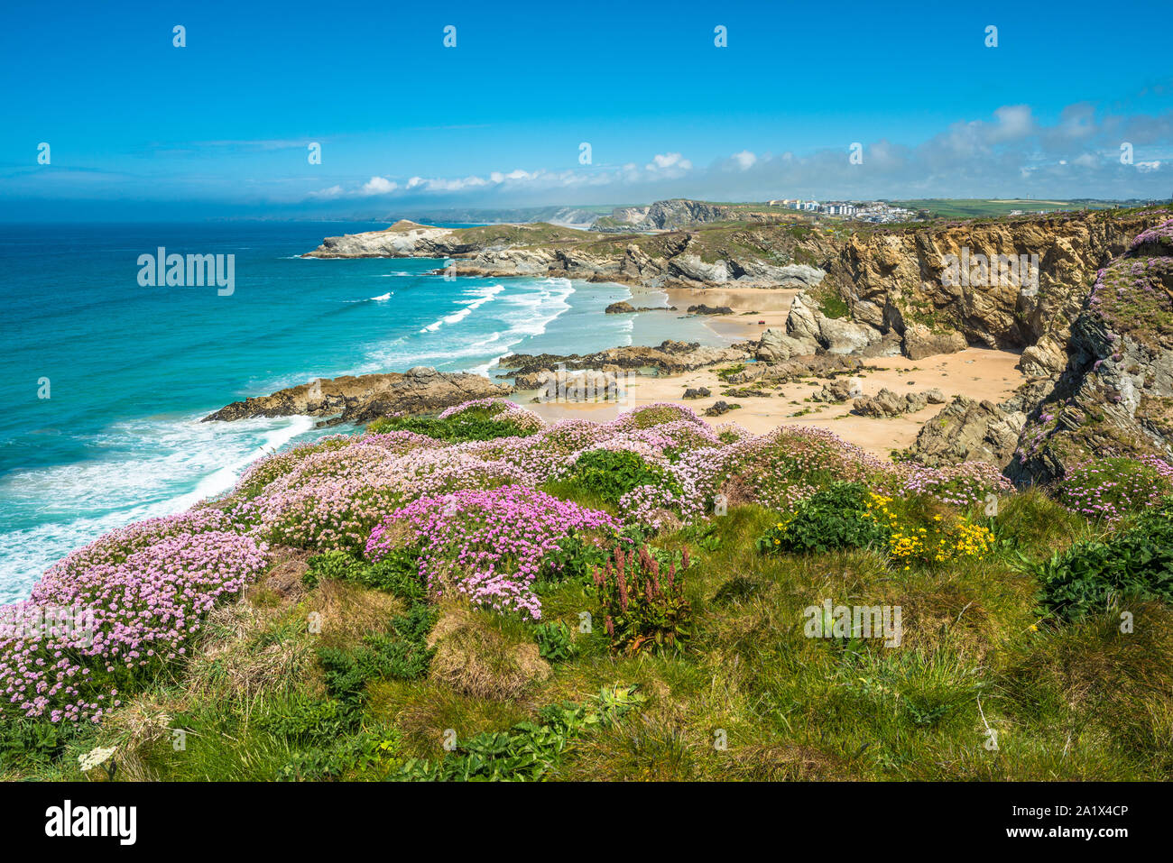 Stunning coastal scenery with Newquay beach in North Cornwall, England, UK. Stock Photo