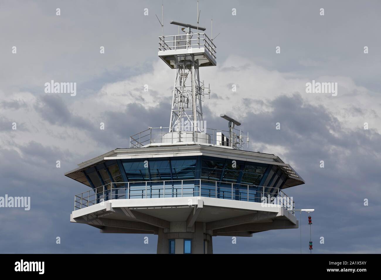 Control tower of the traffic center at the mouth of the Trave, Lubeck-Travemunde, Lubeck Bay, Baltic Sea, Schleswig-Holstein, Germany Stock Photo