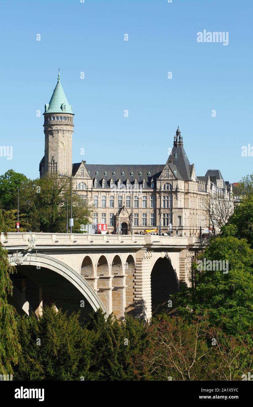 Adolphe Bridge with State Bank and Savings Bank, City of Luxembourg, Luxembourg Stock Photo
