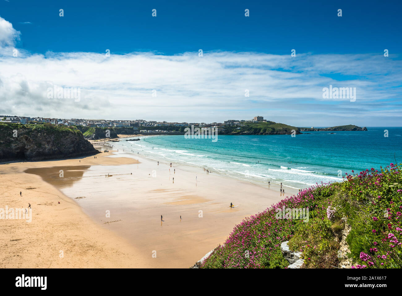 Yellow sands of Great Western beach in Newquay on the north Cornish Coast. England. UK. Stock Photo