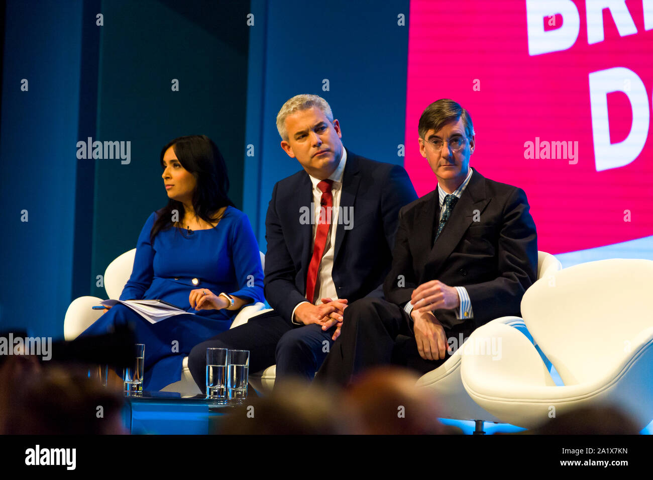 Manchester, UK. 29th September 2019. Dia Chakravarty chairs a discussion panel with Secretary of State for Exiting the European Union, The Rt Hon Steve Barclay MP, Leader of the House of Commons, The Rt Hon Jacob Rees-Mogg MP, and Chancellor of the Duchy of Lancaster, The Rt Hon Michael Gove MP on day 1 of the 2019 Conservative Party Conference at Manchester Central. Credit: Paul Warburton/Alamy Live News Stock Photo