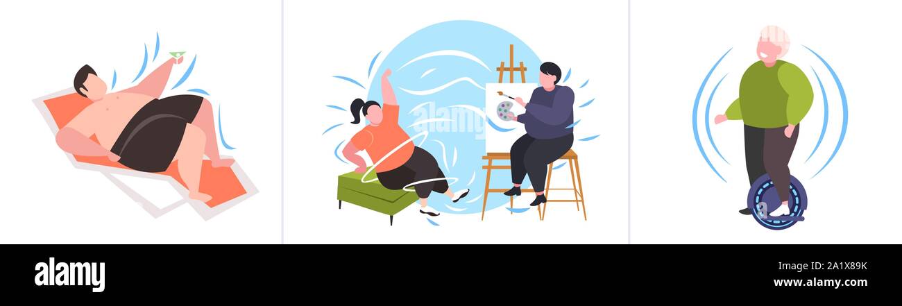 set fat obese people in different poses overweight male female characters collection obesity unhealthy lifestyle concept flat full length horizontal Stock Vector