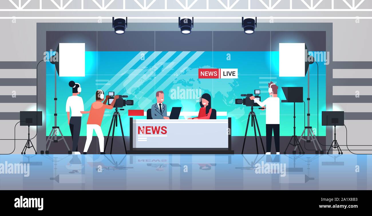 male presenter interviewing woman in television studio tv live news show video camera shooting crew broadcasting concept flat full length horizontal Stock Vector