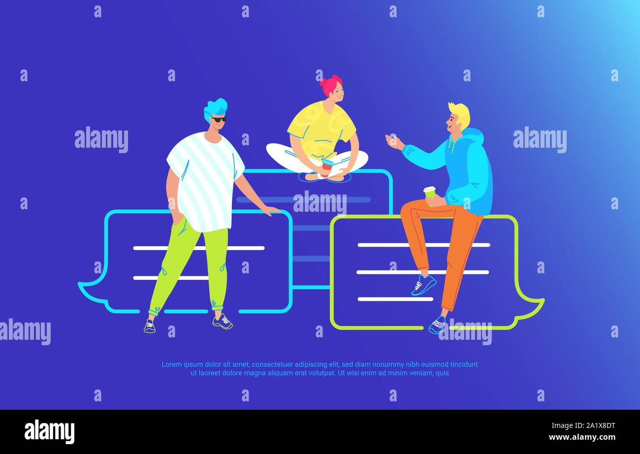 Casual friends talking and smiling together sitting on speech bubbles. Gradient vector illustration of three young teenegers sitting on messenger bubb Stock Vector