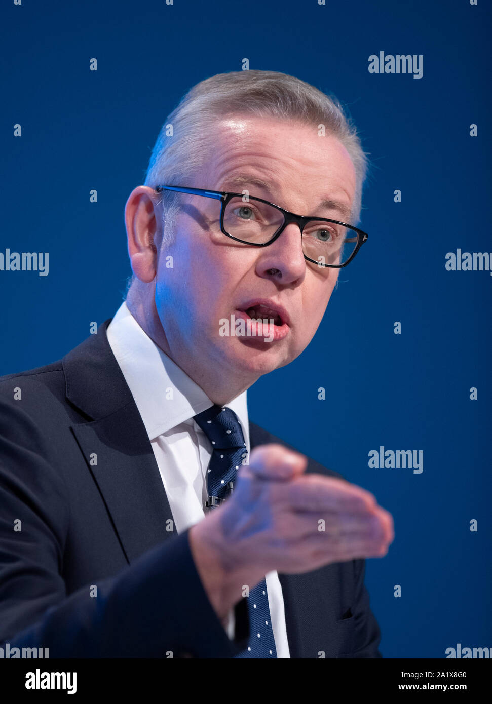 Manchester, UK. 29th September 2019. Michael Gove, Chancellor of the Duchy of Lancaster and MP for Surrey Heath speaks at day one of the Conservative Party Conference in Manchester. © Russell Hart/Alamy Live News. Stock Photo