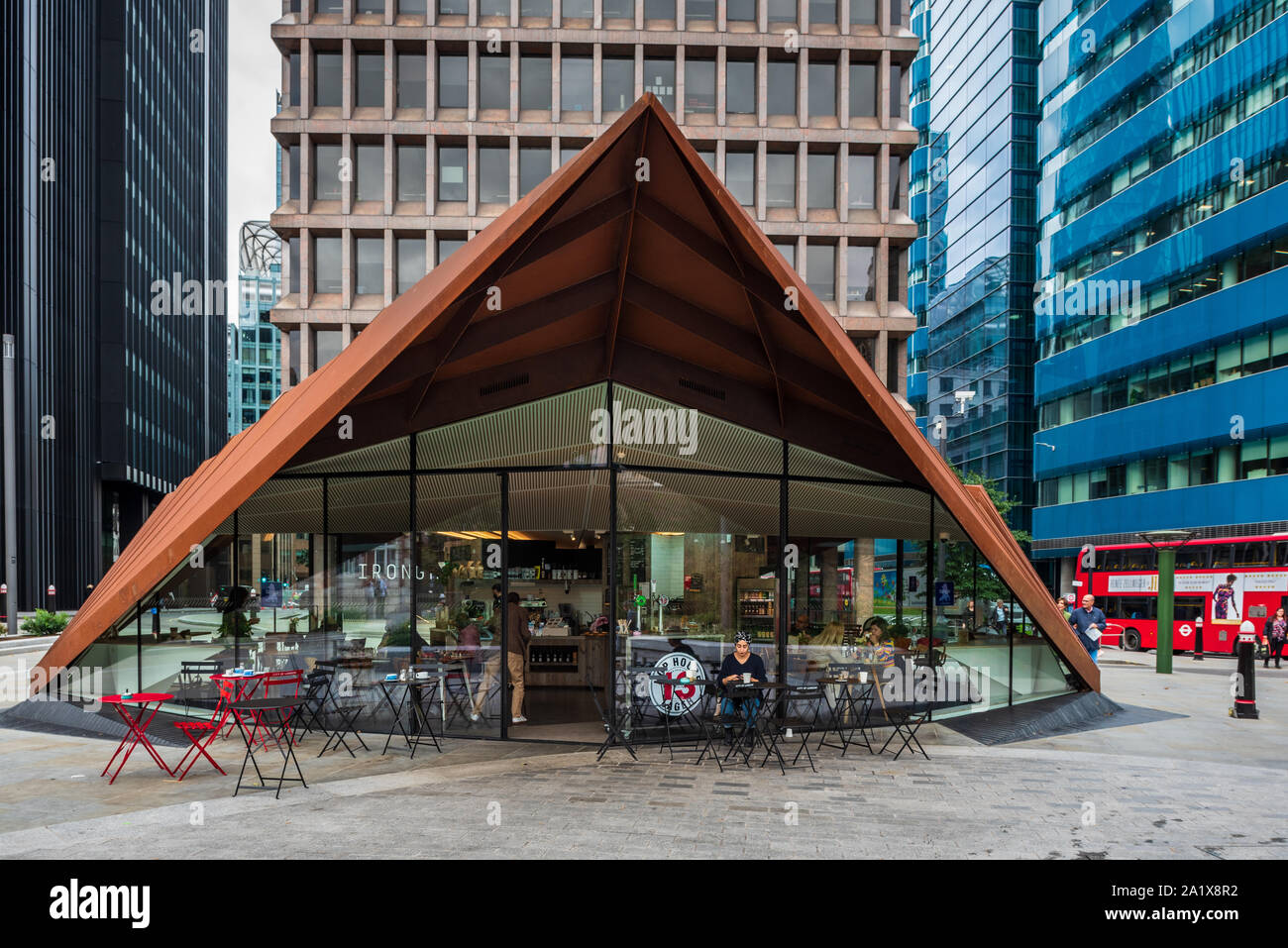 Portsoken Paviliion Aldgate Square, London. Architects: Make Architects. The pavilion operates as a café, Kahaila Aldgate, a community enterprise. Stock Photo